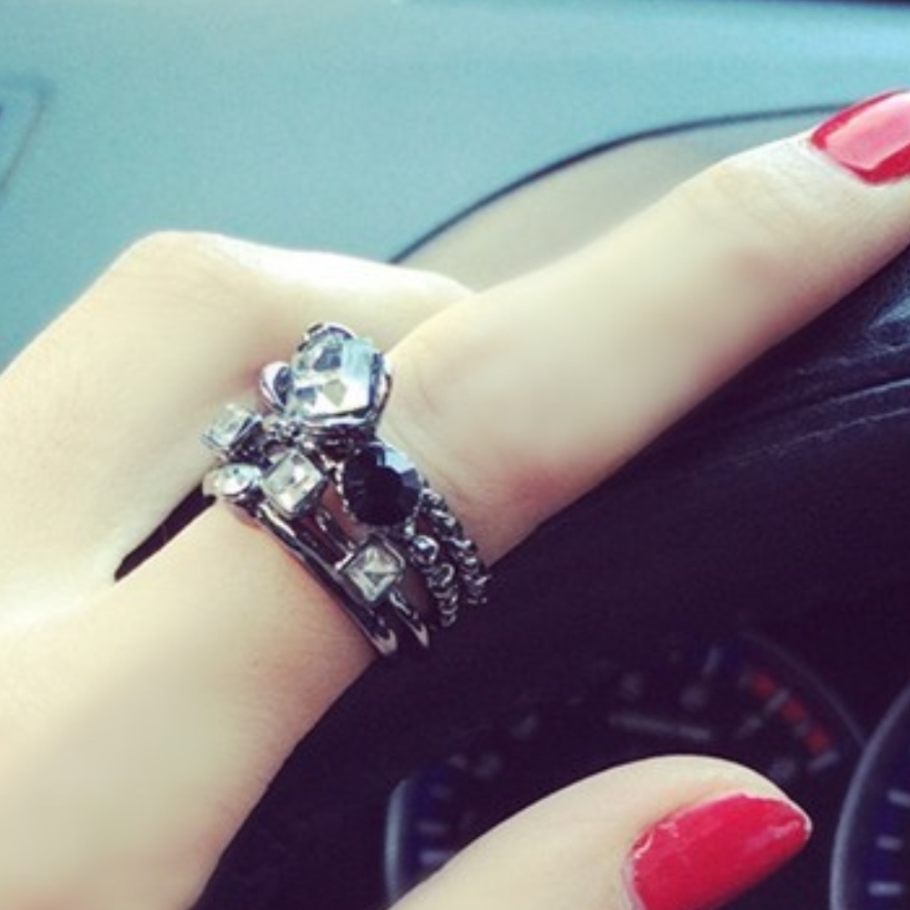 Gunmetal Crystal Midi Stacked Antique Silver Rings - Picture 8 of 8